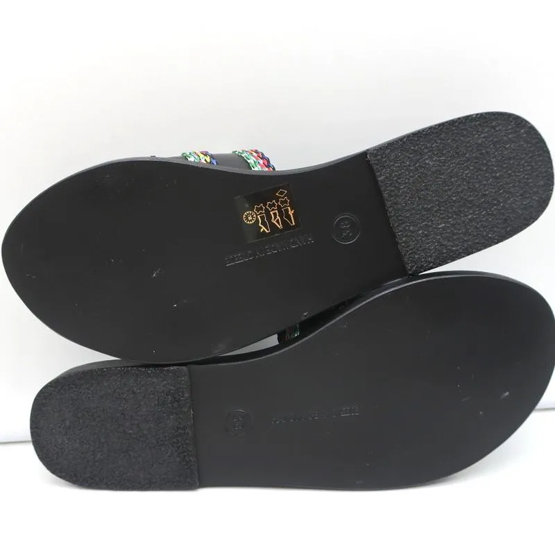 Antike griechische Sandalen Taygete Slides Schwarz Raffia-verziertes Leder Größe 38 NEU