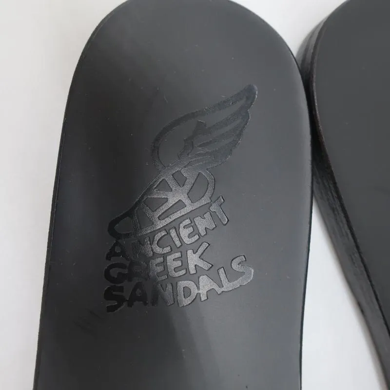 Antike griechische Sandalen Taygete Slides Schwarz Raffia-verziertes Leder Größe 38 NEU