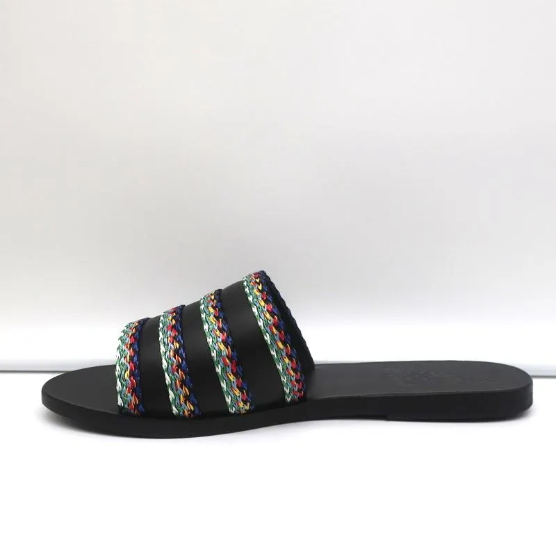 Antike griechische Sandalen Taygete Slides Schwarz Raffia-verziertes Leder Größe 38 NEU