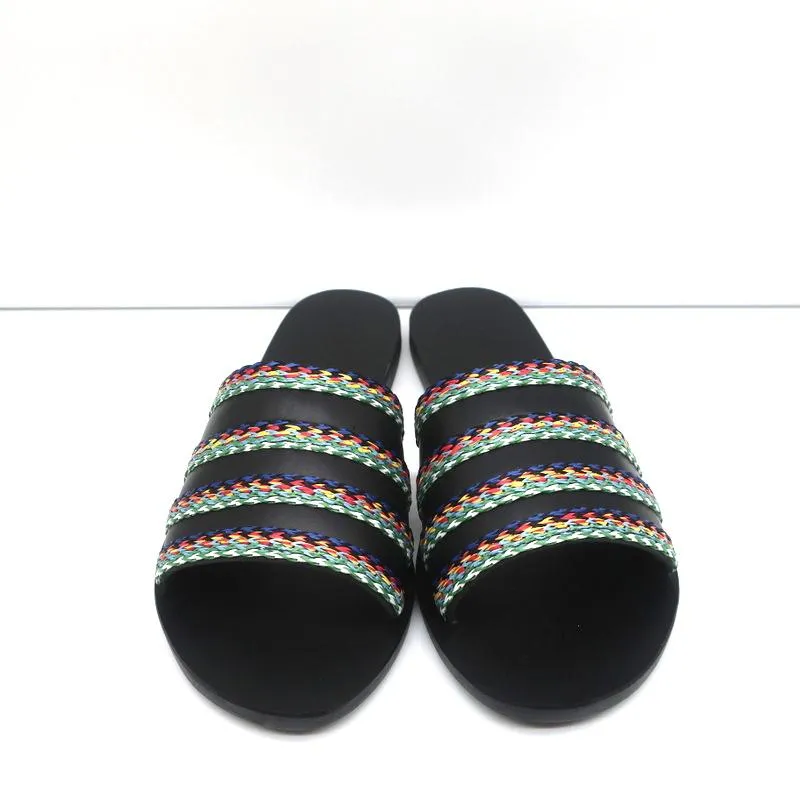 Antike griechische Sandalen Taygete Slides Schwarz Raffia-verziertes Leder Größe 38 NEU