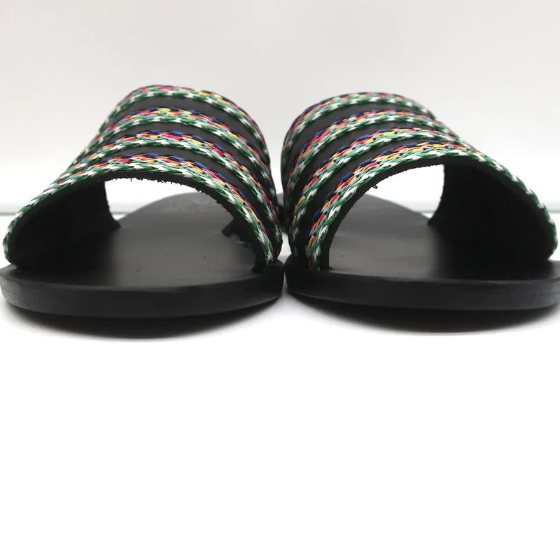 Antike griechische Sandalen Taygete Slides Schwarz Raffia-verziertes Leder Größe 38 NEU