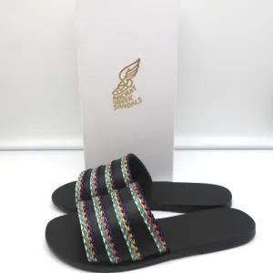 Antike griechische Sandalen Taygete Slides Schwarz Raffia-verziertes Leder Größe 38 NEU