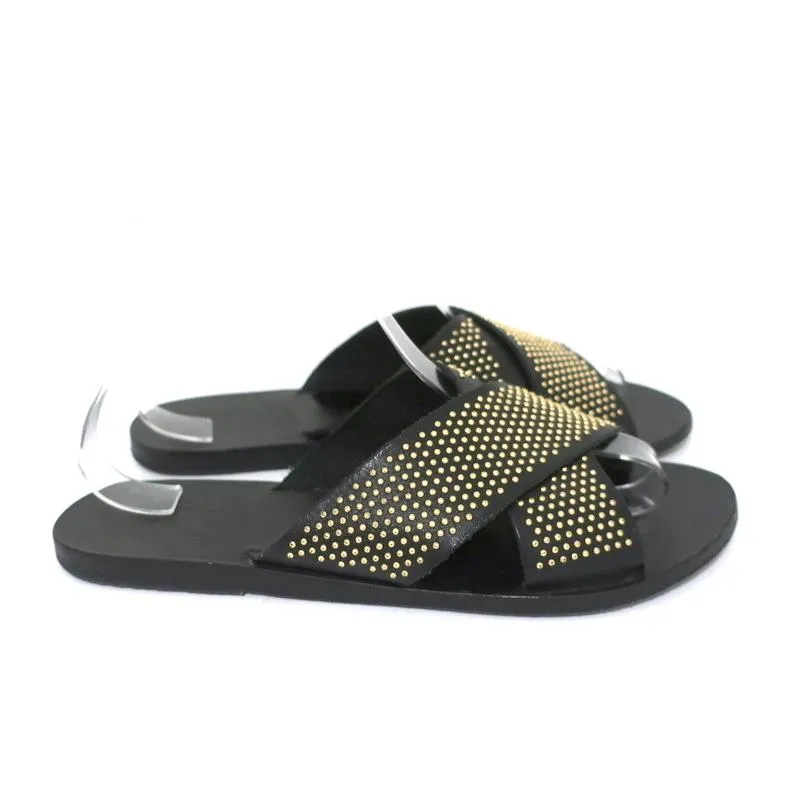 Antike Griechische Sandalen Thais Kreuzband-Sandalen Schwarz Stachelbesetztes Leder Größe 39