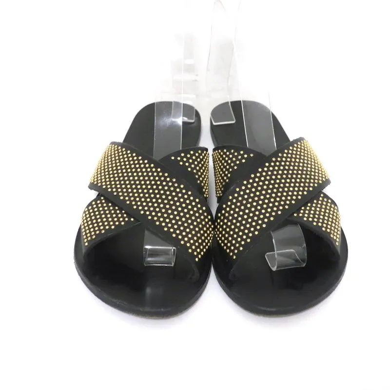 Antike Griechische Sandalen Thais Kreuzband-Sandalen Schwarz Stachelbesetztes Leder Größe 39