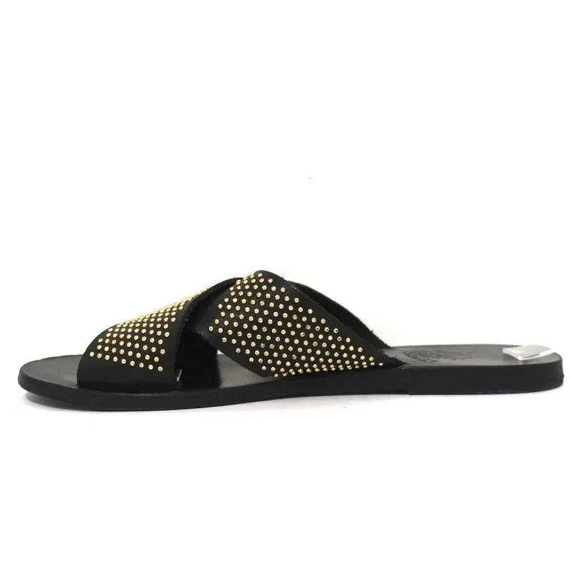 Antike Griechische Sandalen Thais Kreuzband-Sandalen Schwarz Stachelbesetztes Leder Größe 39