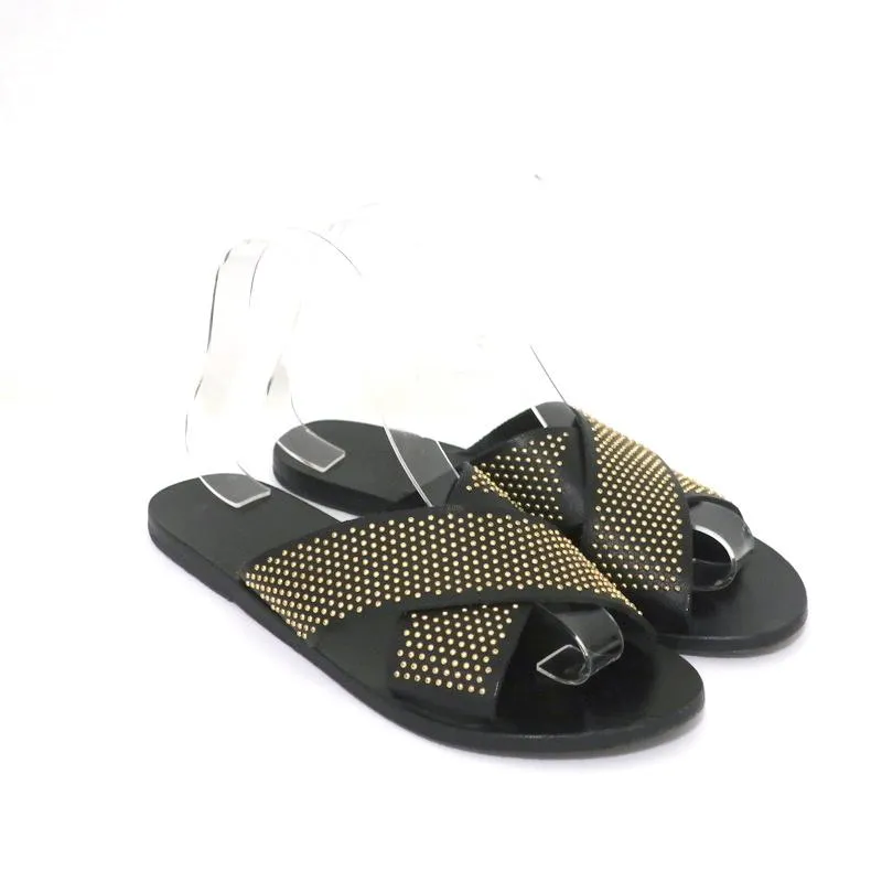 Antike Griechische Sandalen Thais Kreuzband-Sandalen Schwarz Stachelbesetztes Leder Größe 39