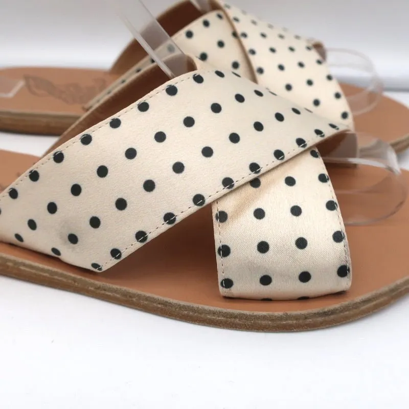 Antike griechische Sandalen Thais Kreuzband-Sandalen Creme Polka-Dot Satin Größe 38