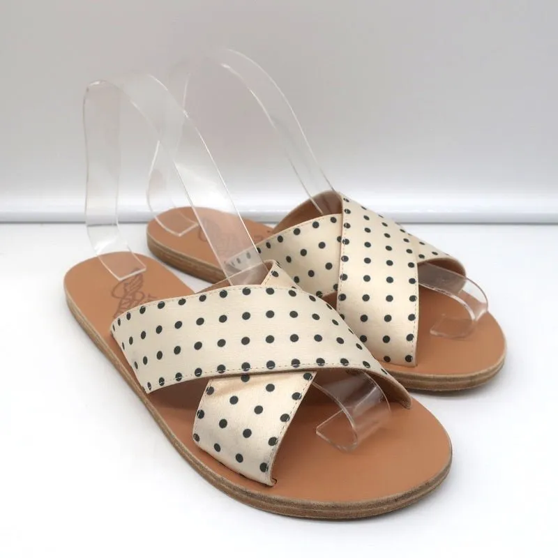 Antike griechische Sandalen Thais Kreuzband-Sandalen Creme Polka-Dot Satin Größe 38