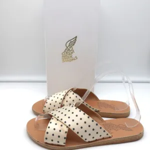 Antike griechische Sandalen Thais Kreuzband-Sandalen Creme Polka-Dot Satin Größe 38