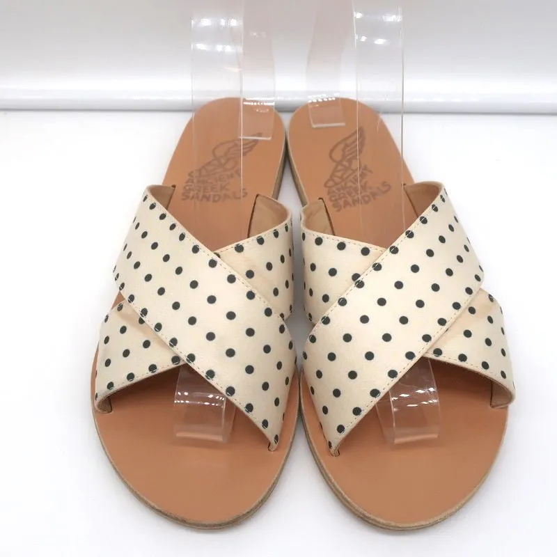 Antike griechische Sandalen Thais Kreuzband-Sandalen Creme Polka-Dot Satin Größe 38