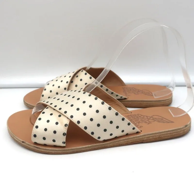 Antike griechische Sandalen Thais Kreuzband-Sandalen Creme Polka-Dot Satin Größe 38