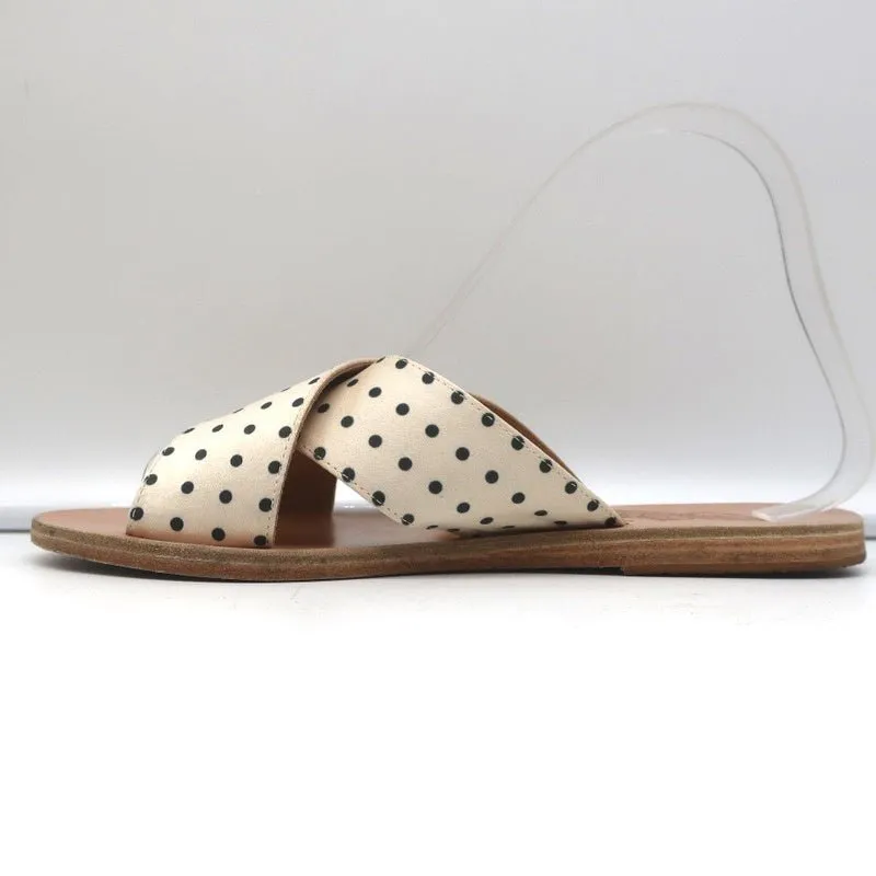Antike griechische Sandalen Thais Kreuzband-Sandalen Creme Polka-Dot Satin Größe 38