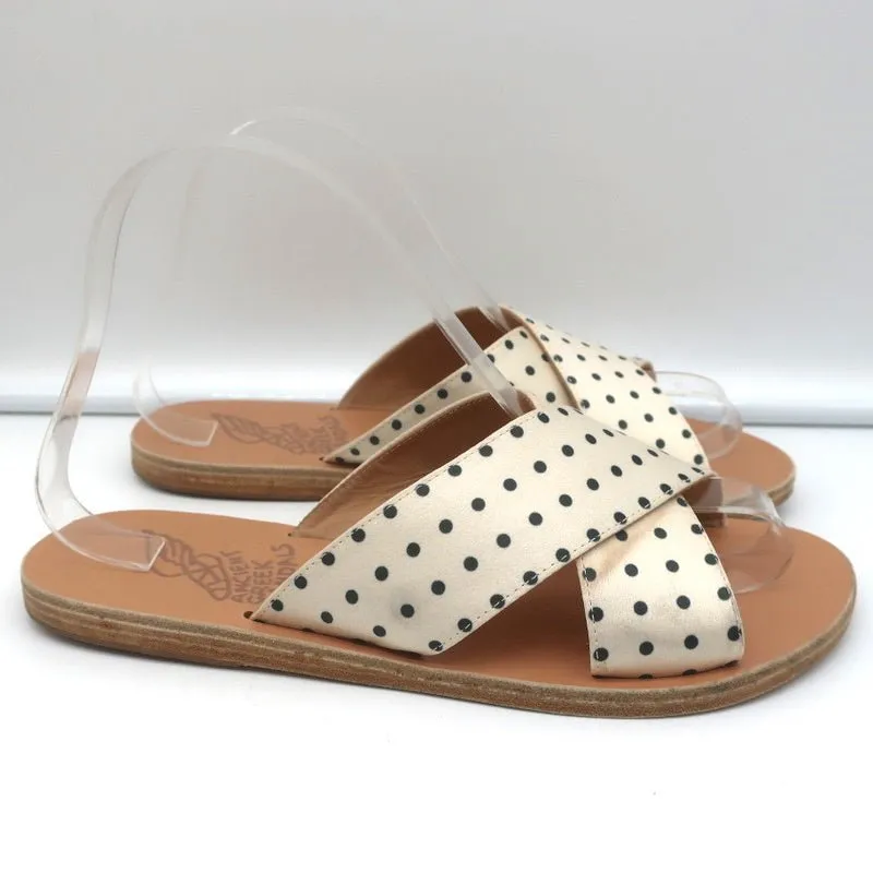 Antike griechische Sandalen Thais Kreuzband-Sandalen Creme Polka-Dot Satin Größe 38