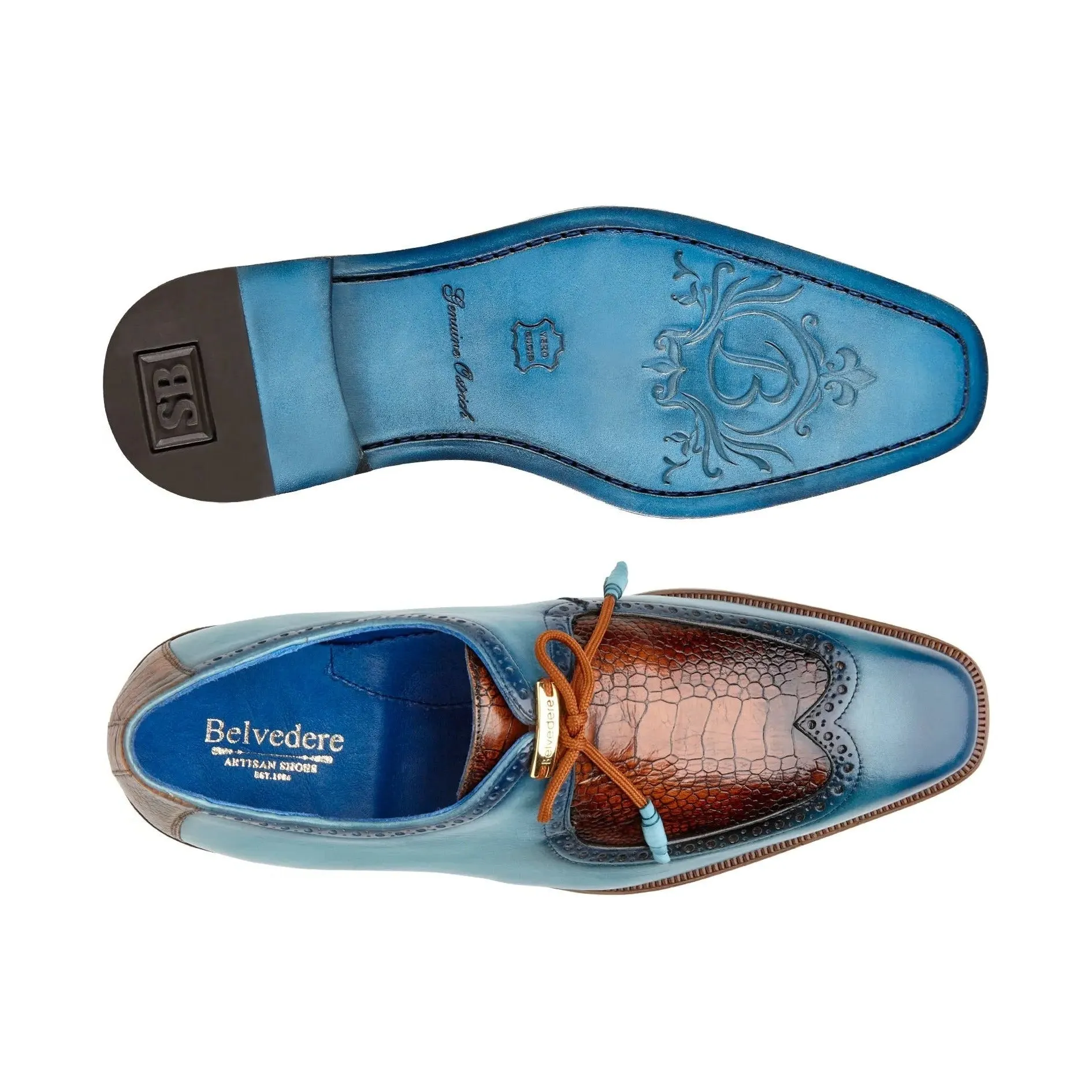 Belvedere Exotische Leder Schuhe Belvedere Etore in Antik Aqua / Antik Mandel Straußenbein & Leder Oxfords
