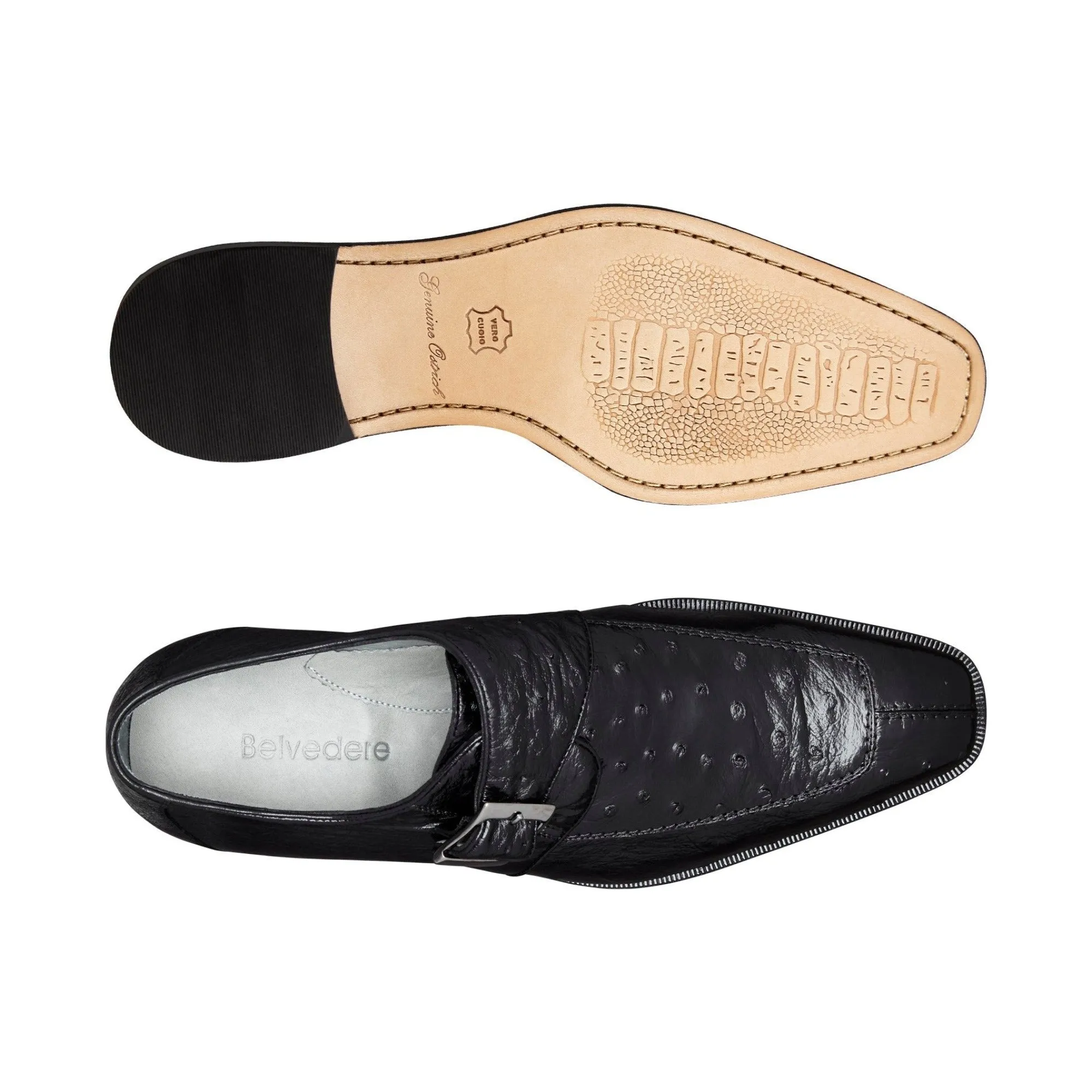 Belvedere Exotische Leder Schuhe Belvedere Josh in Schwarz Echtem Straußenleder Spaltspitze Mönchsriemen Anzugsschuhe