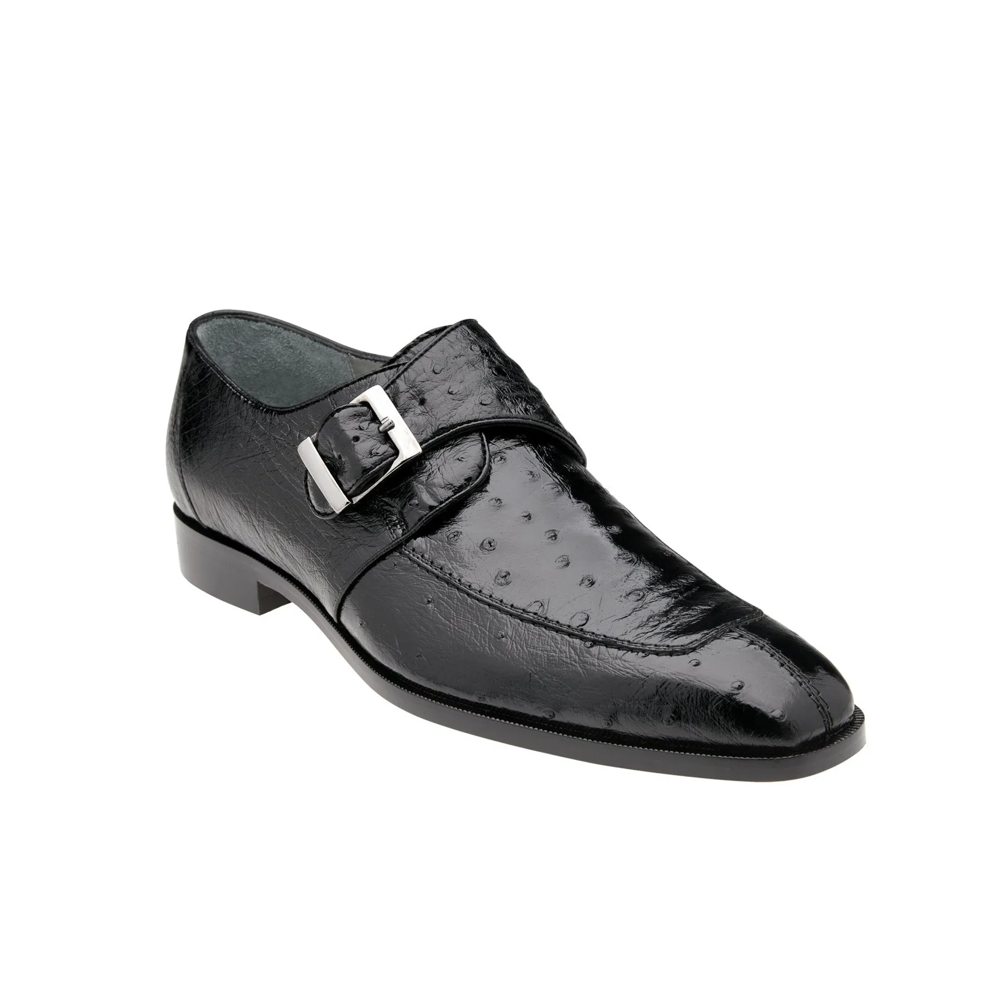 Belvedere Exotische Leder Schuhe Belvedere Josh in Schwarz Echtem Straußenleder Spaltspitze Mönchsriemen Anzugsschuhe