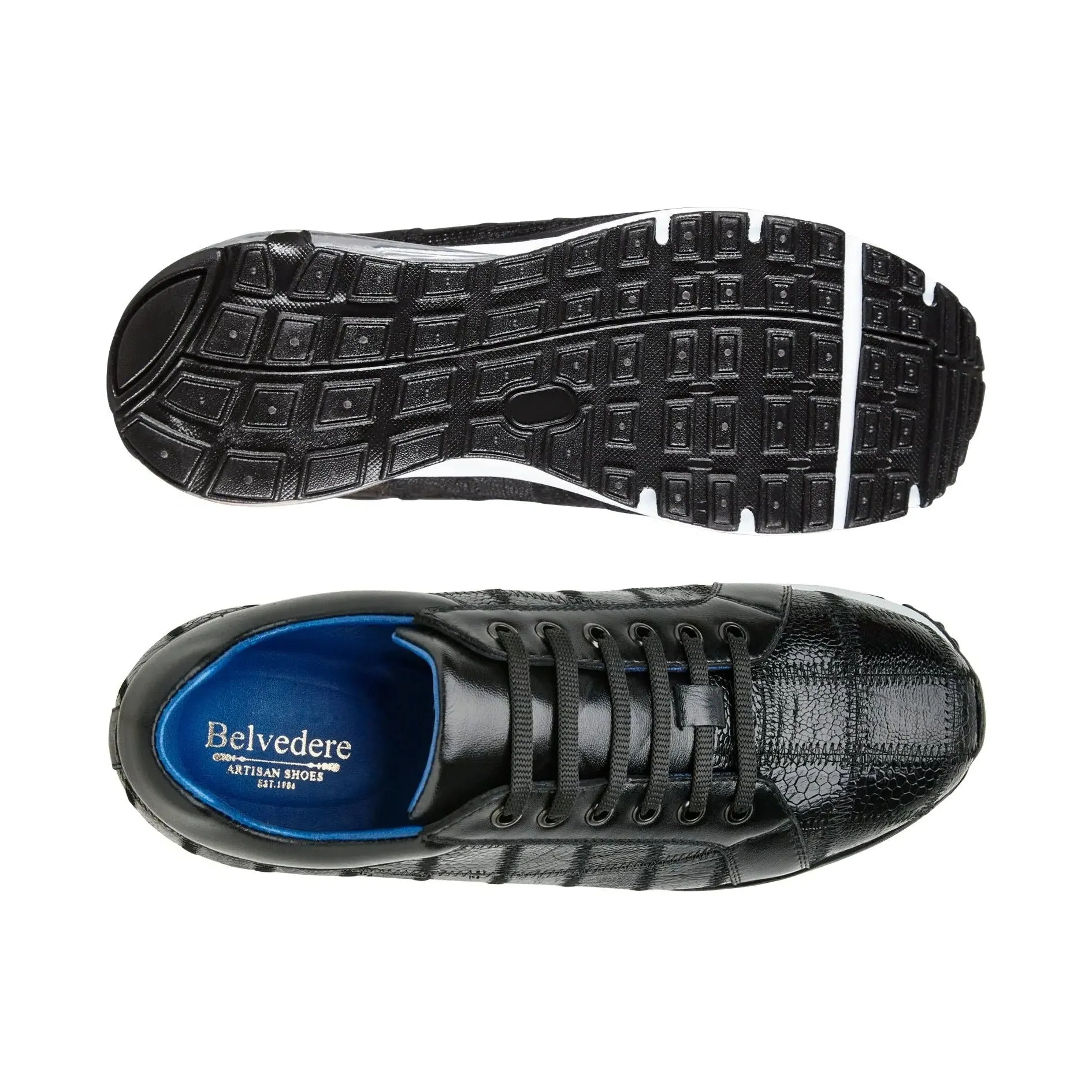 Belvedere Exotische Leder Schuhe Belvedere Magnus in Schwarz Straußen-Patchwork Sneakers
