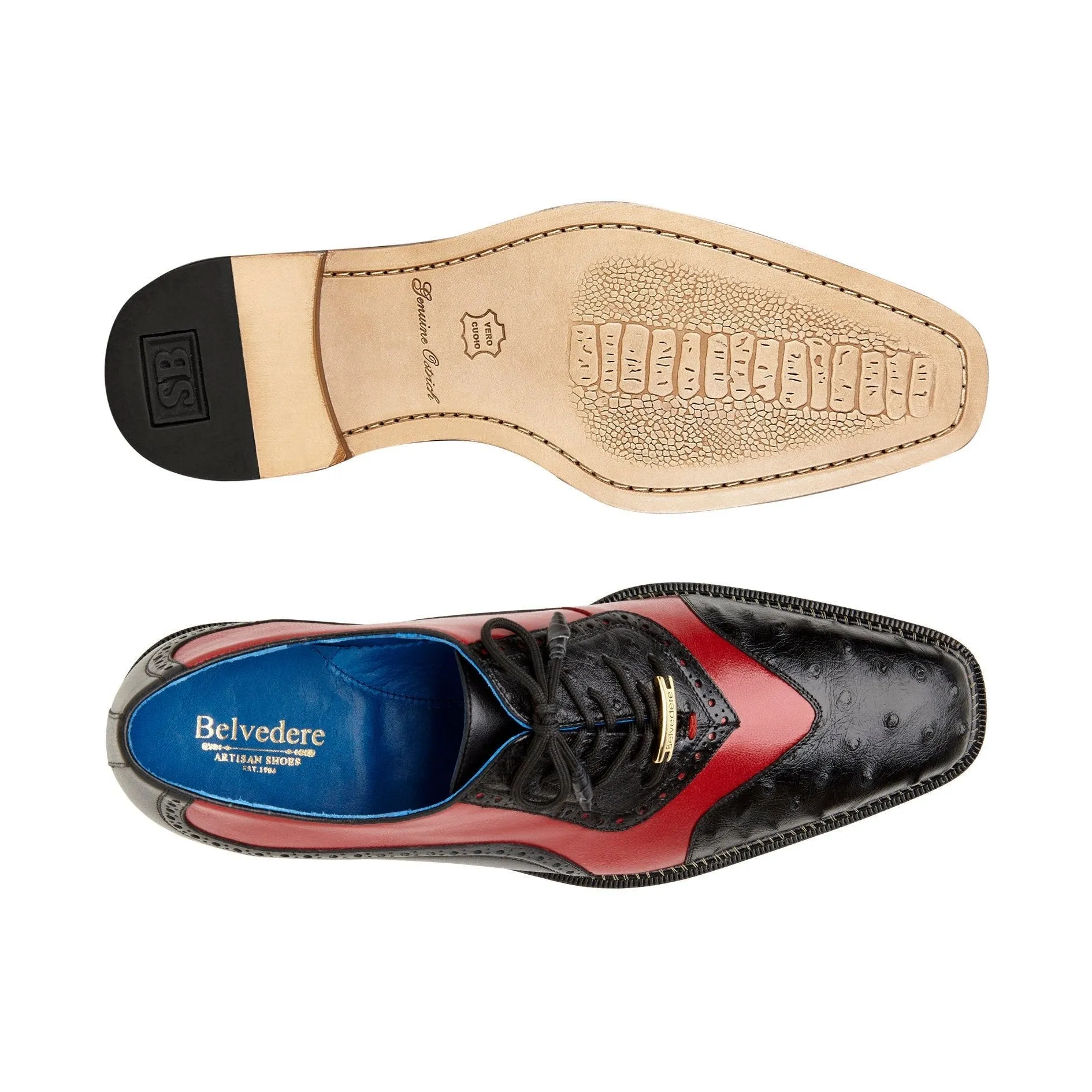 Belvedere Exotische Leder Schuhe Belvedere Sesto in Schwarz / Rot Straußenfeder & Leder Anzugsschuhe