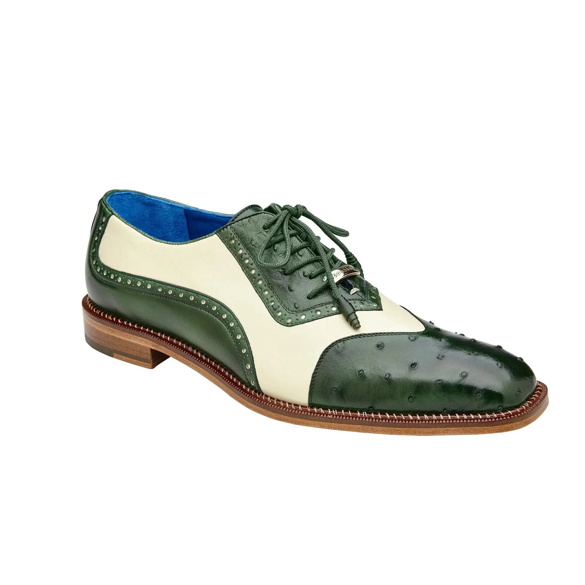 Belvedere Exotische Leder Schuhe Belvedere Sesto in Forest / Creme Straußenfeder & Leder Anzugsschuhe