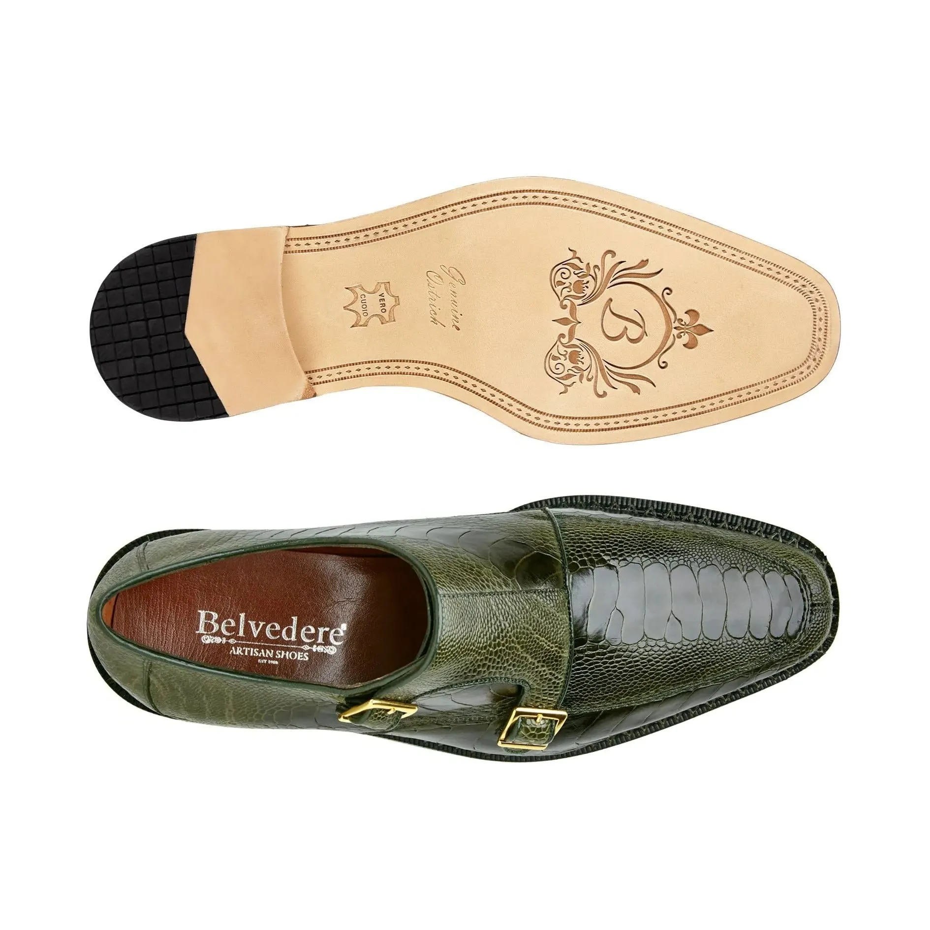 Belvedere Exotische Leder Schuhe Belvedere Valiente in Antik Forest Straußenbein Mönchsriemen