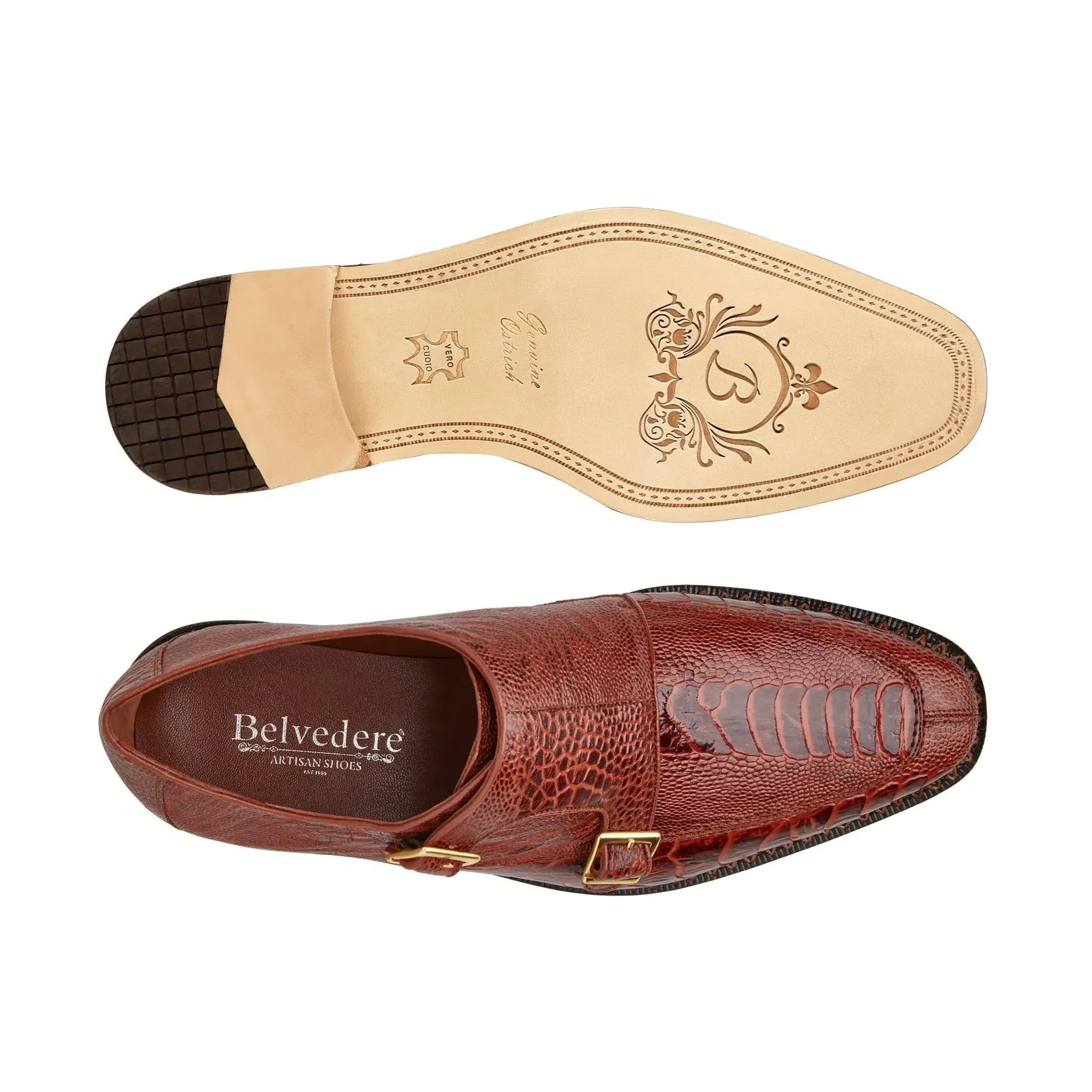 Belvedere Exotische Leder Schuhe Belvedere Valiente in Antik Rost Straußenbein Mönchsschnallen
