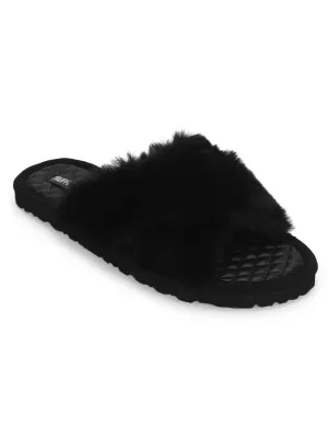 Schwarze flauschige Pelz-Pantoffeln