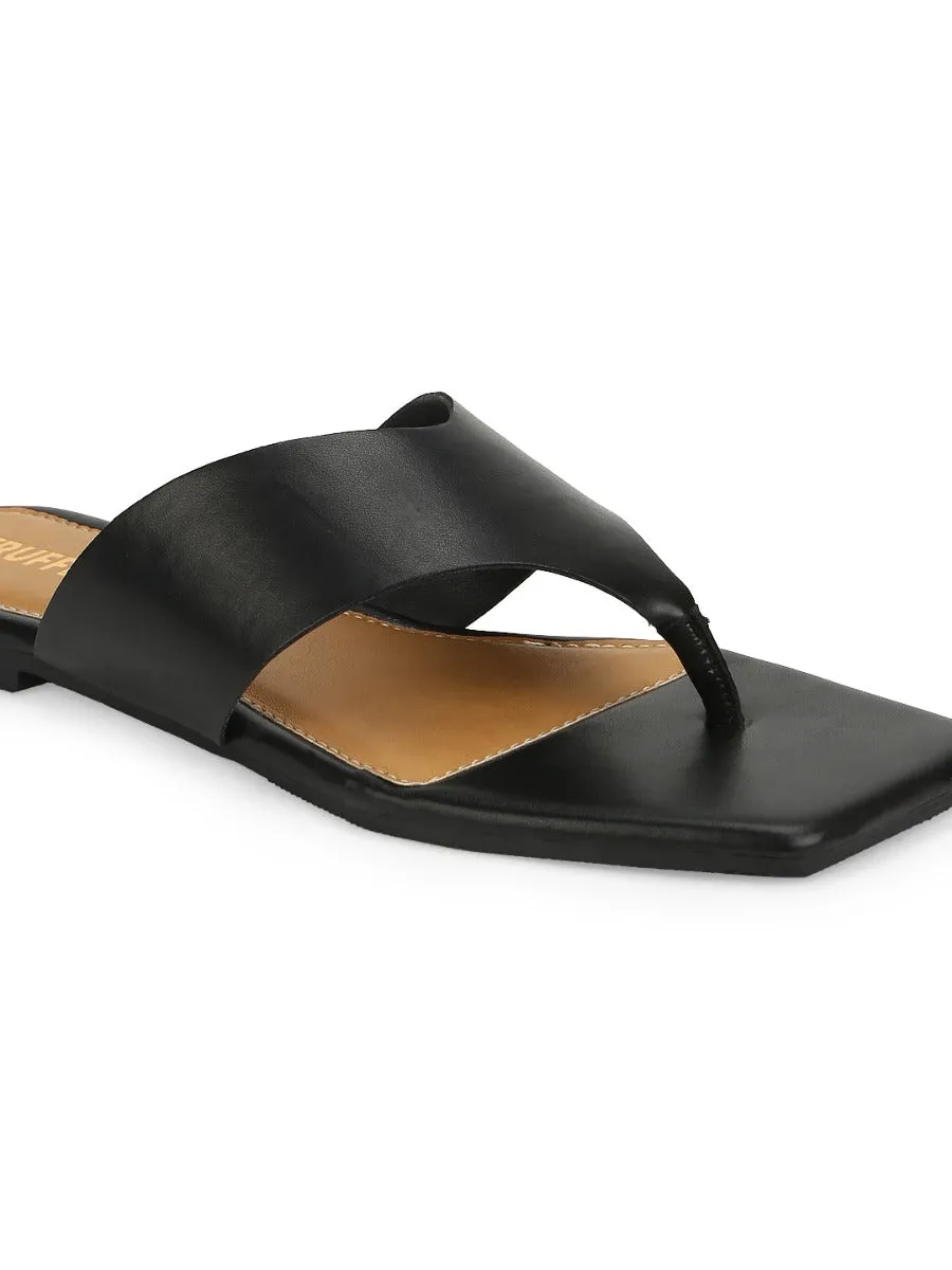 Schwarze PU Flip-Flops mit eckiger Spitze