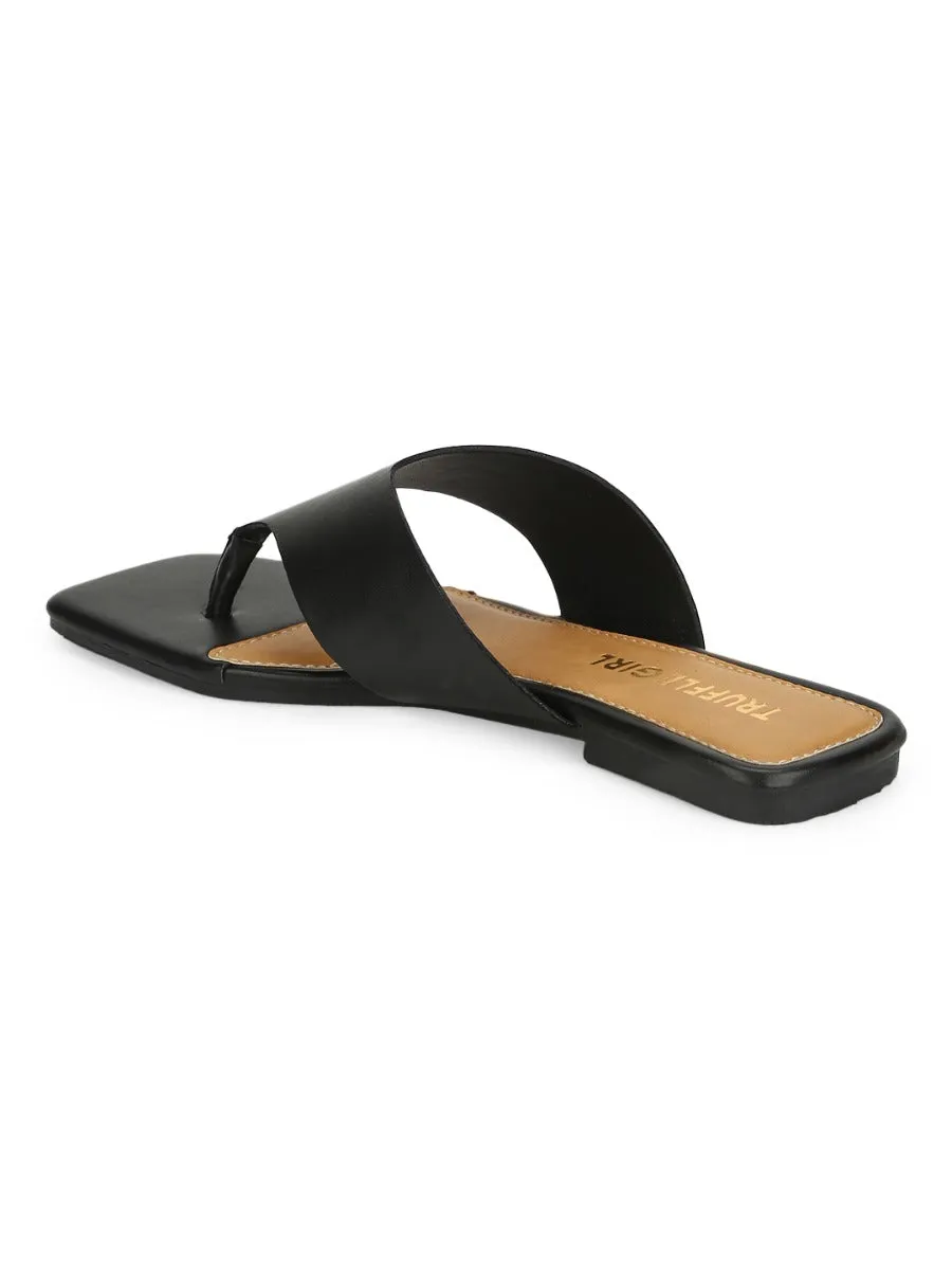 Schwarze PU Flip-Flops mit eckiger Spitze
