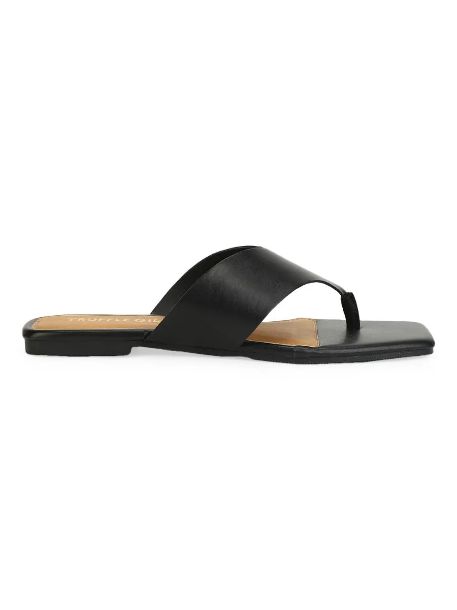 Schwarze PU Flip-Flops mit eckiger Spitze