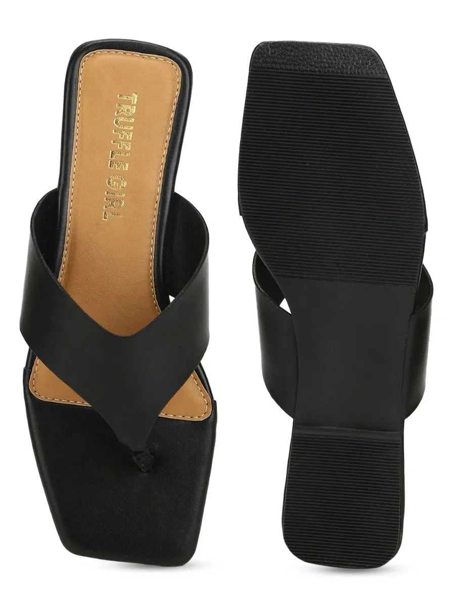 Schwarze PU Flip-Flops mit eckiger Spitze