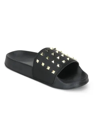 Schwarze PU-Slip-On Flats mit Nieten