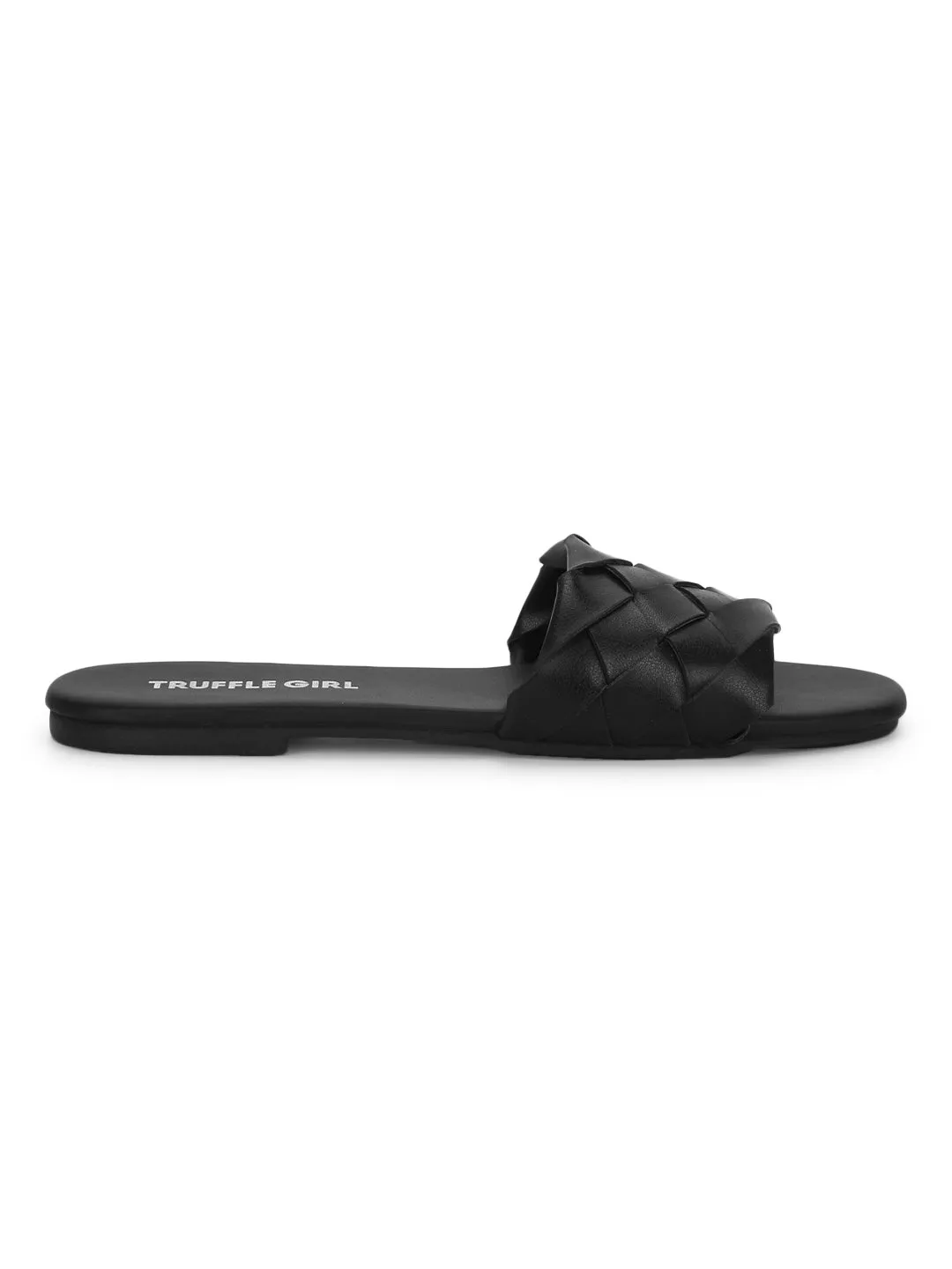 Schwarze PU-Gewebte Flache Sandalen zum Hineinschlüpfen