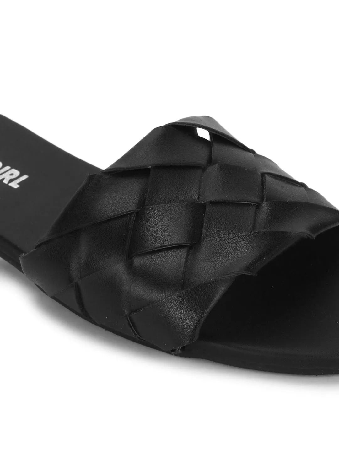 Schwarze PU-Gewebte Flache Sandalen zum Hineinschlüpfen