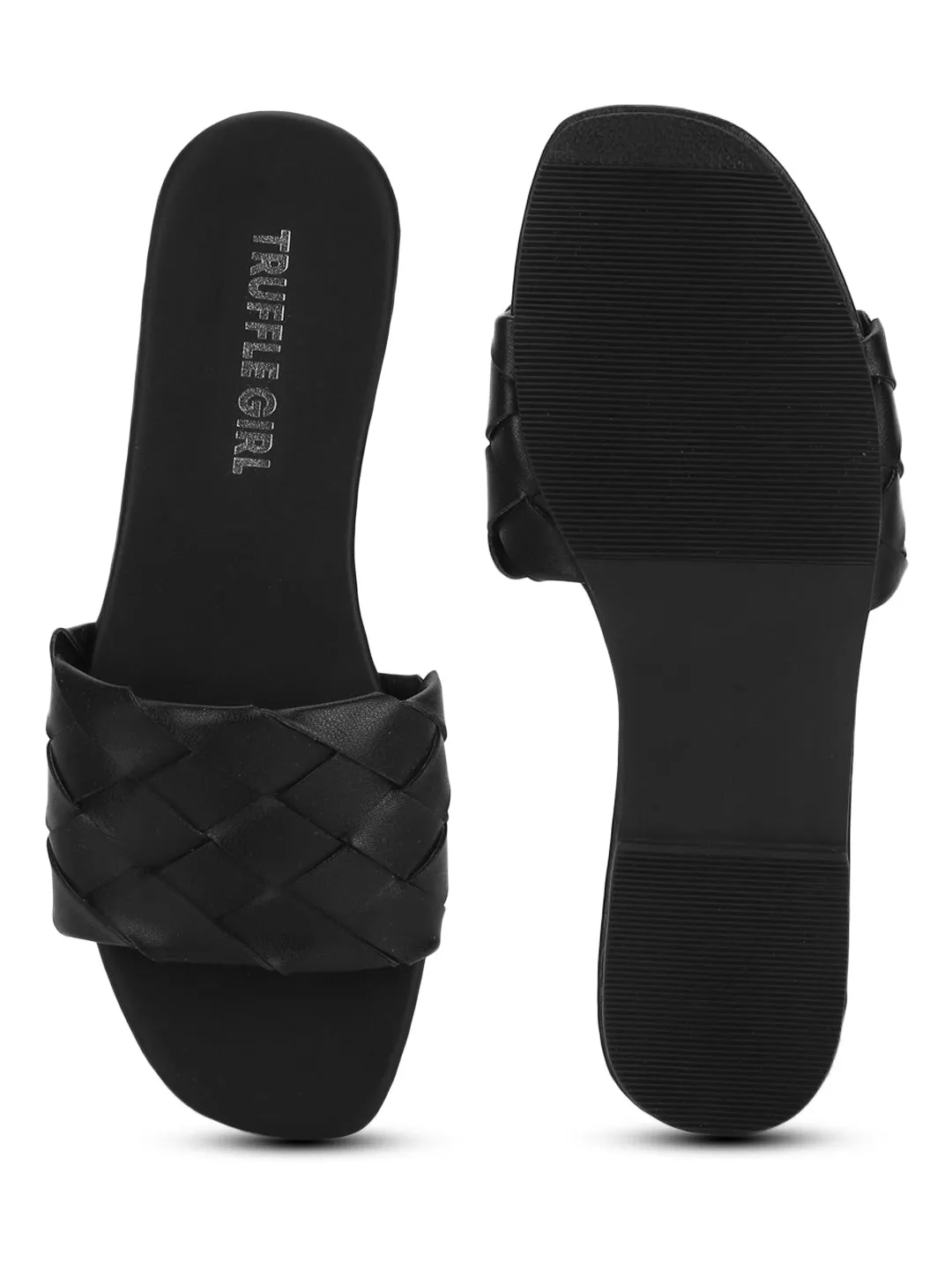 Schwarze PU-Gewebte Flache Sandalen zum Hineinschlüpfen