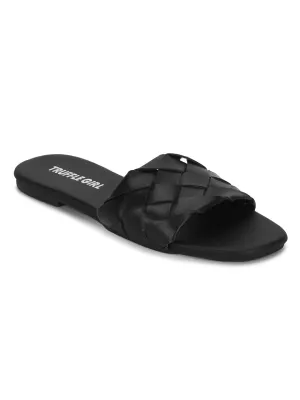 Schwarze PU-Gewebte Flache Sandalen zum Hineinschlüpfen