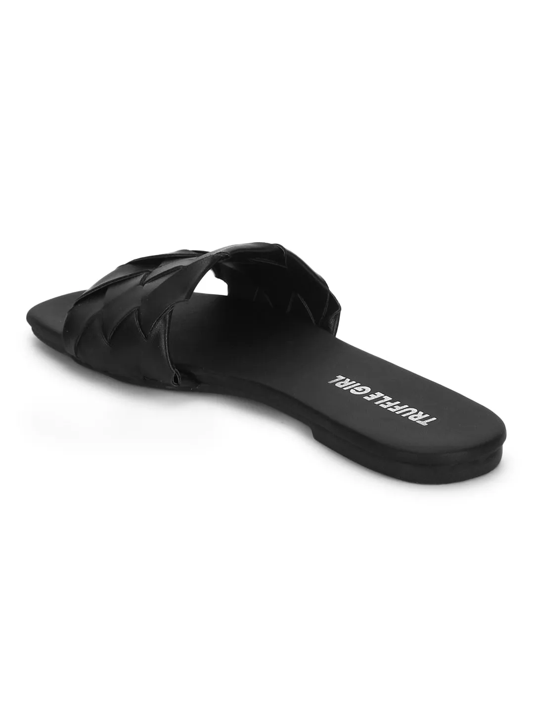 Schwarze PU-Gewebte Flache Sandalen zum Hineinschlüpfen