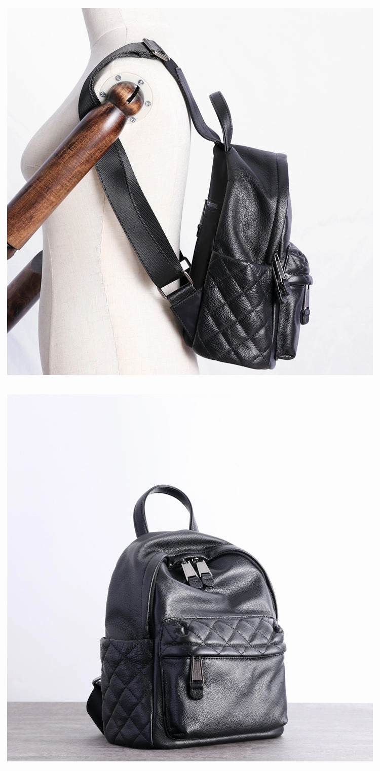 Schwarzer Leder Umhängetaschen-Rucksack für Damen, Niedlicher Schulrucksack, Schwarze Leder College-Tasche für Frauen