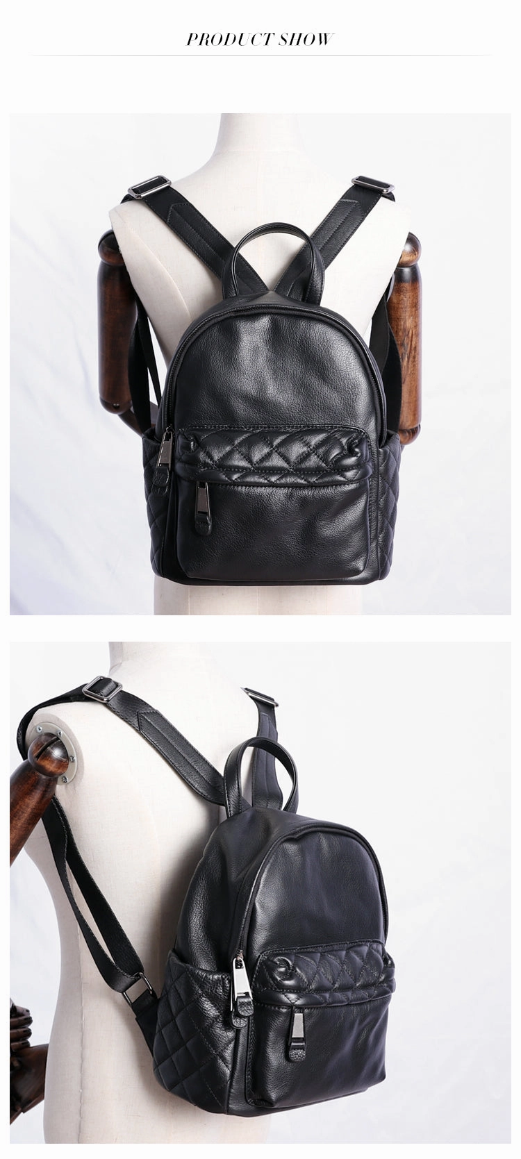 Schwarzer Leder Umhängetaschen-Rucksack für Damen, Niedlicher Schulrucksack, Schwarze Leder College-Tasche für Frauen