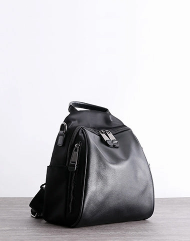Black Nylon Backpacks Womens Cute School Backpack Purse Black Nylon Leather College Rucksack for Ladies
