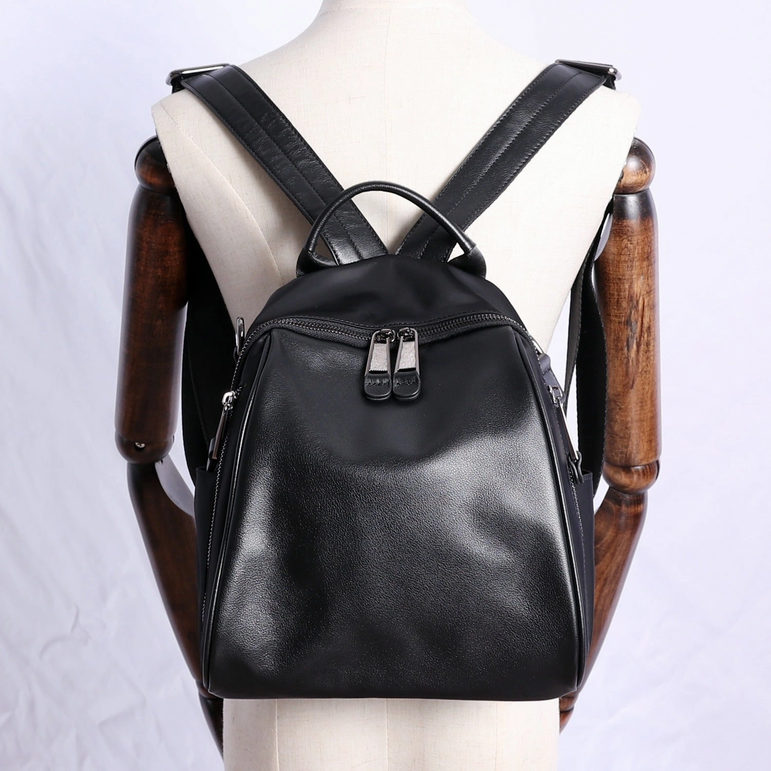 Black Nylon Backpacks Womens Cute School Backpack Purse Black Nylon Leather College Rucksack for Ladies