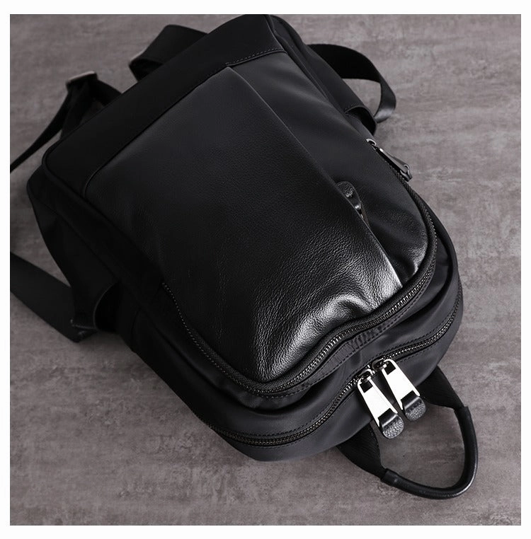 Schwarzer Nylon-Leder Umhängetaschen-Rucksack Damen Kleine Schulrucksäcke Handtasche Nylon-Leder Reiserucksack für Frauen
