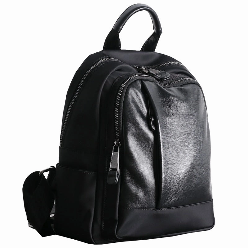 Schwarzer Nylon-Leder Umhängetaschen-Rucksack Damen Kleine Schulrucksäcke Handtasche Nylon-Leder Reiserucksack für Frauen