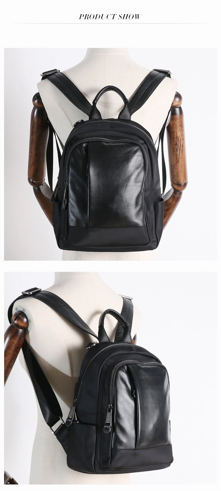 Schwarzer Nylon-Leder Umhängetaschen-Rucksack Damen Kleine Schulrucksäcke Handtasche Nylon-Leder Reiserucksack für Frauen
