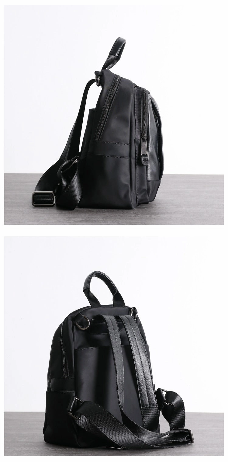 Schwarzer Nylon-Leder Umhängetaschen-Rucksack Damen Kleine Schulrucksäcke Handtasche Nylon-Leder Reiserucksack für Frauen