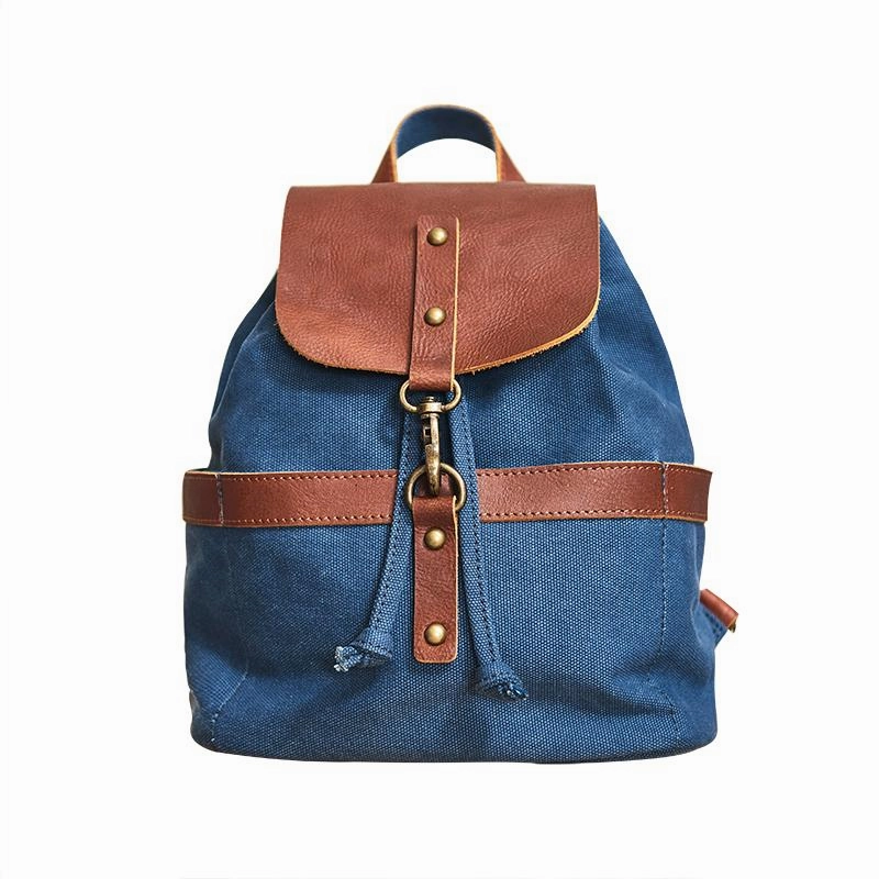 Canvas Leder Rucksack für Herren und Damen, Reiserucksack Blau, Schulrucksack aus Canvas für Männer und Frauen