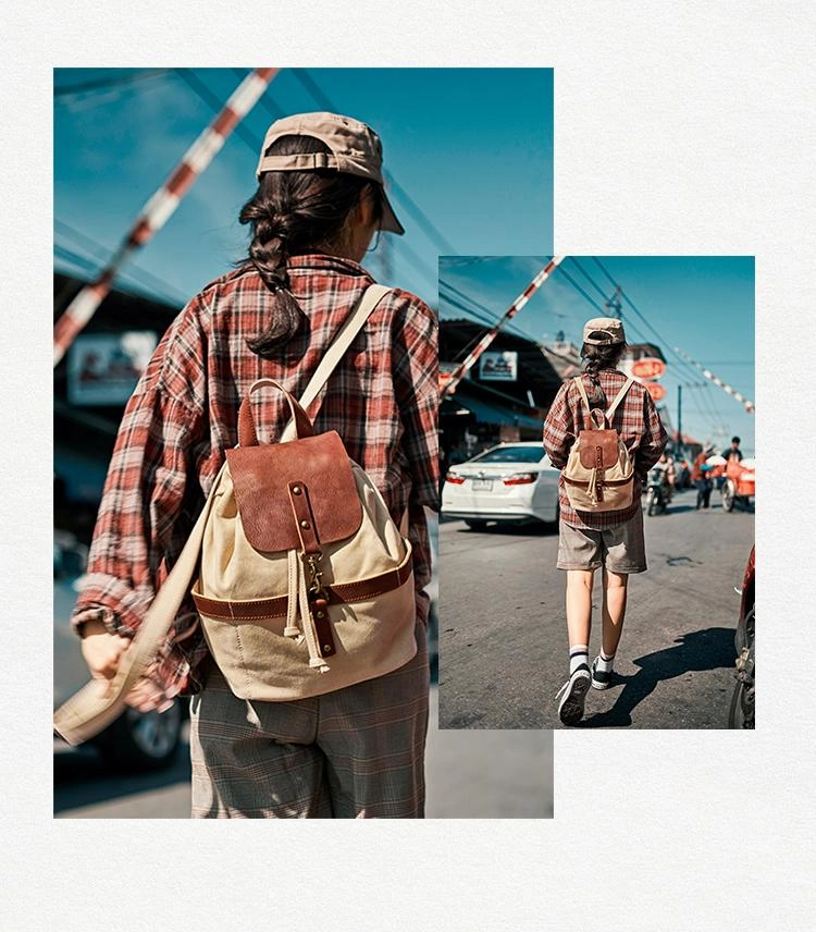 Canvas Leder Rucksack für Herren und Damen, Reiserucksack Blau, Schulrucksack aus Canvas für Männer und Frauen