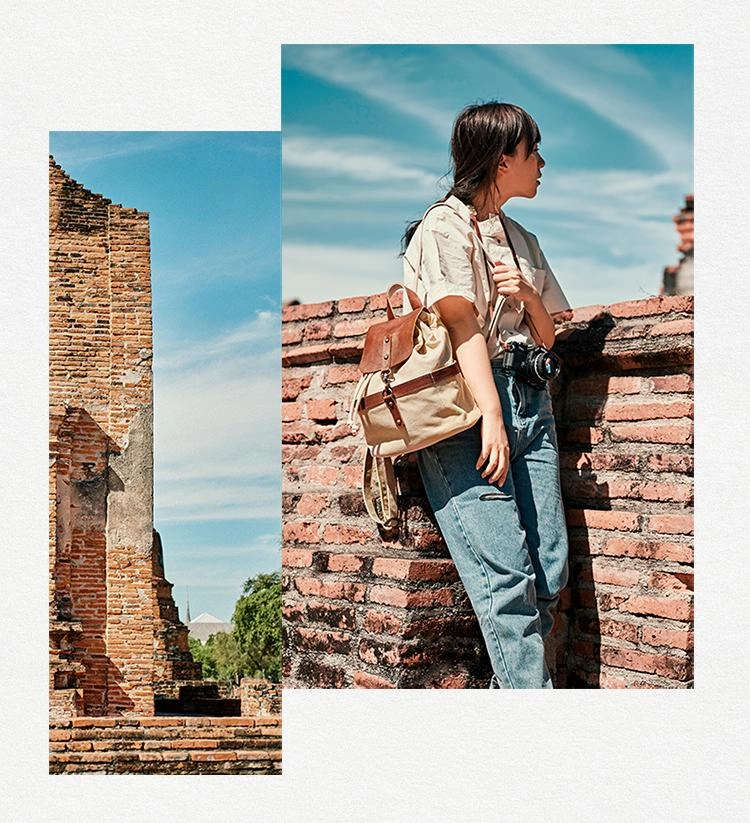 Canvas Leder Rucksack für Herren und Damen, Reiserucksack Blau, Schulrucksack aus Canvas für Männer und Frauen
