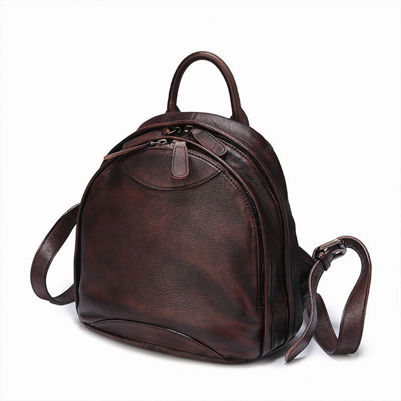 Klassischer Kaffee-Leder-Rucksack für Damen, Kompakter Leder-Rucksack, Damen-Rucksacktasche