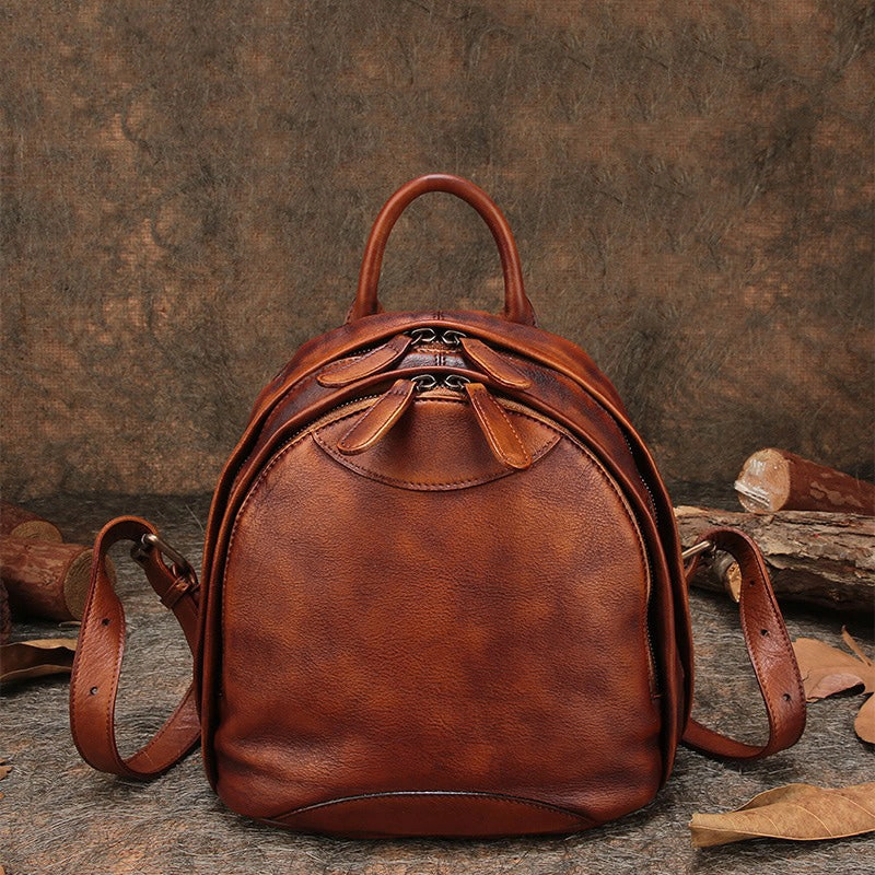 Klassischer Kaffee-Leder-Rucksack für Damen, Kompakter Leder-Rucksack, Damen-Rucksacktasche