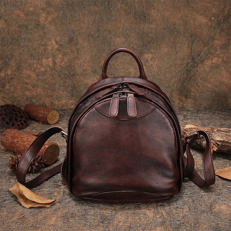 Klassischer Kaffee-Leder-Rucksack für Damen, Kompakter Leder-Rucksack, Damen-Rucksacktasche